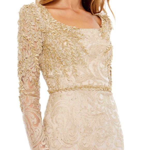 MAC DUGGAL 11187 EMBROIDERED APPLIQUE SHOULDER TRUMPET LIGHT GOLD GOWN sz 6 - Picture 3 of 6